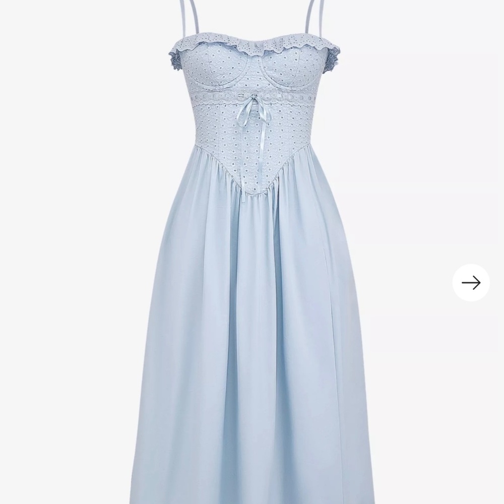 House of CB Jamie Small Plus Cup Light Blue Eyelet Midi Dress with Waist Tie - Picture 8 of 9